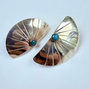 Native American Navajo Eddie Chee Turquoise Fan Rays Sterling Silver Earrings